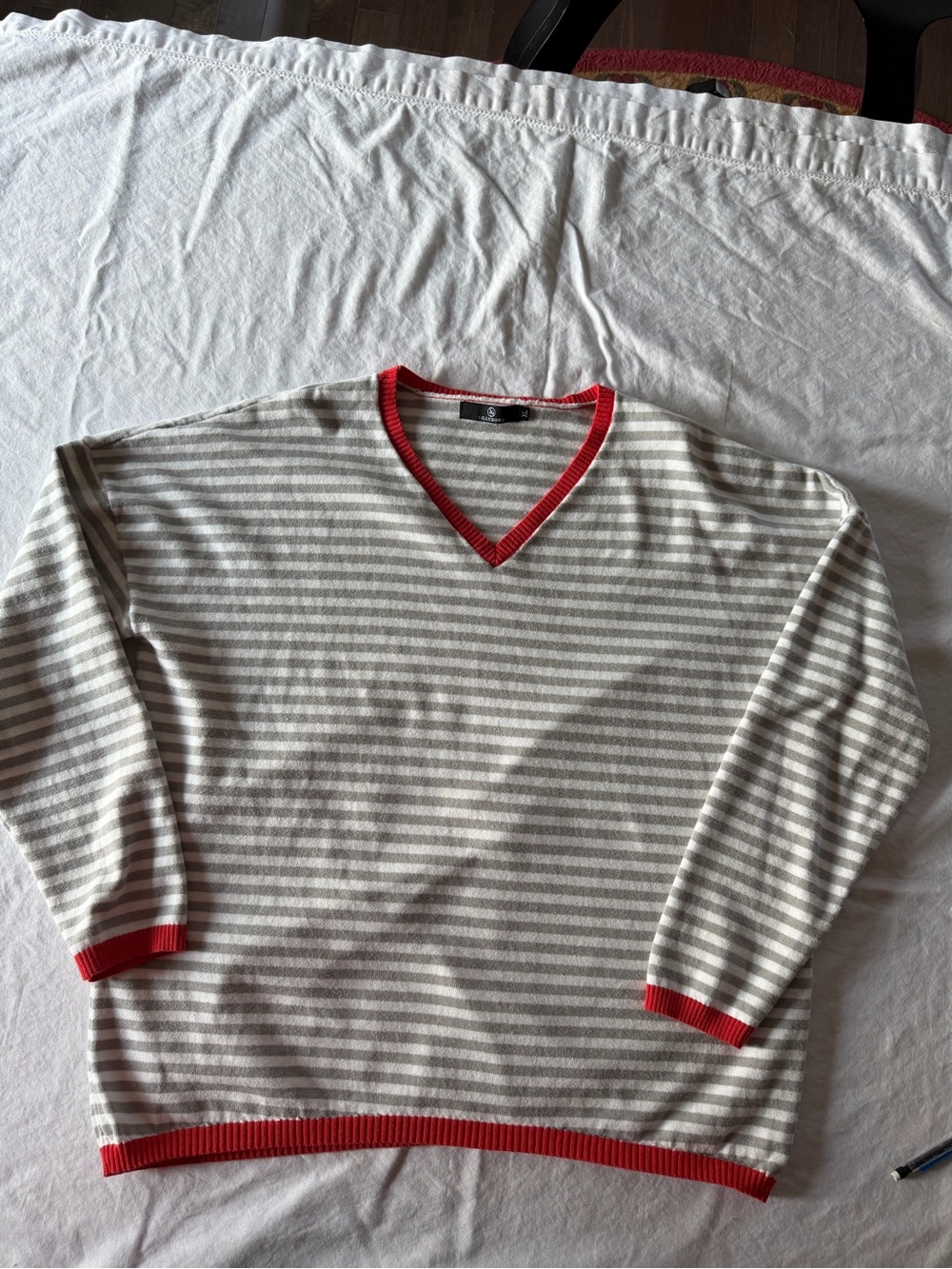 Women’s Striped V-Neck Sweater with Red Trim